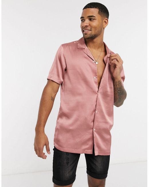 ASOS Regular-fit Satijnen Overhemd Zonder Kraag Met Korte Mouwen in het Pink voor heren