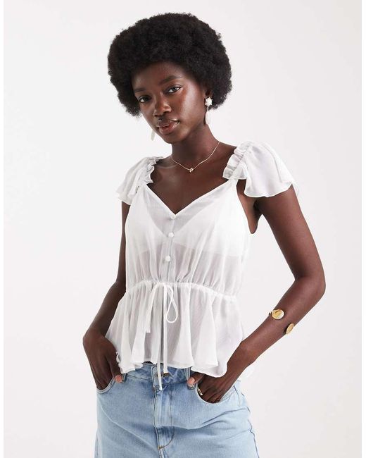 Miss Selfridge Top Van Chiffon Met Ruches En Knoopsluiting in het White