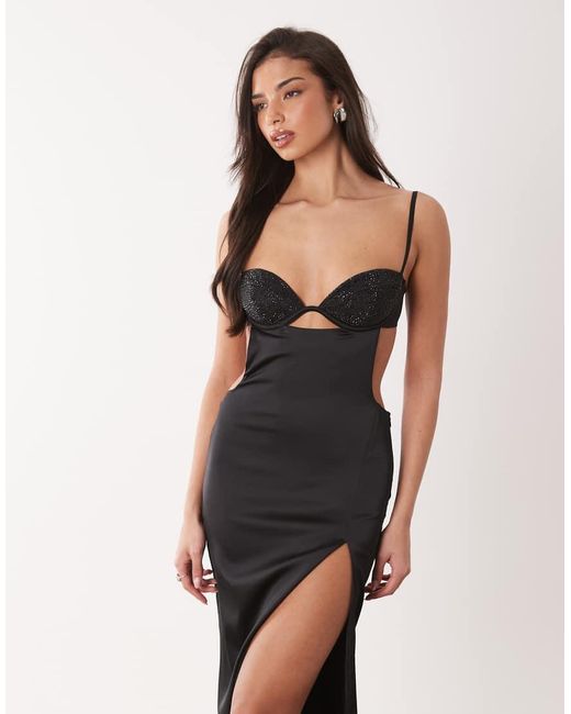Oh Polly White Premium Satin Thigh Slit Maxi Dress With Embellished Bralette Detailing