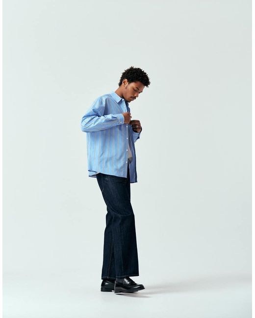 ASOS Blue Oversized Stripe Shirt With Chest Embroidery for men