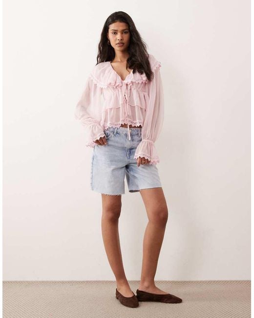 Miss Selfridge Pink Chiffon Ruffle Tie Front Blouse