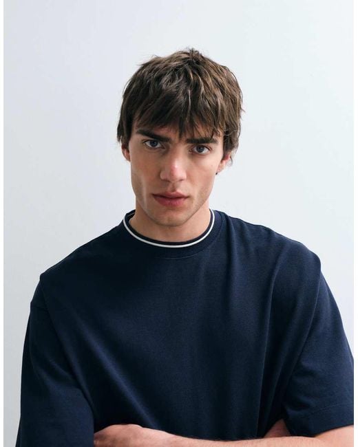 ASOS COLLECTIVE Blue Heavyweight Relaxed Pique T-shirt With Tipping for men