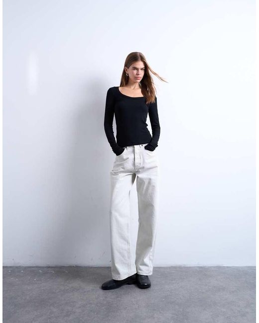 TOPSHOP Premium Geribbelde Top Met Lange Mouwen En Wijde Lage Ronde Hals in het Black