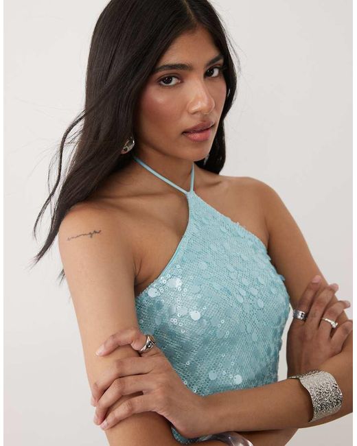 Motel Blue Arlela Sequin Asymetric Bead Hem Top