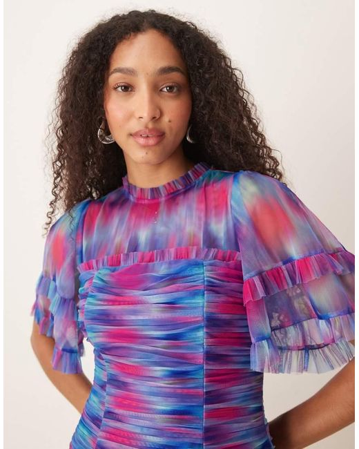 ANAYA Blue Abstract Watercolour Gathered Mini Dress