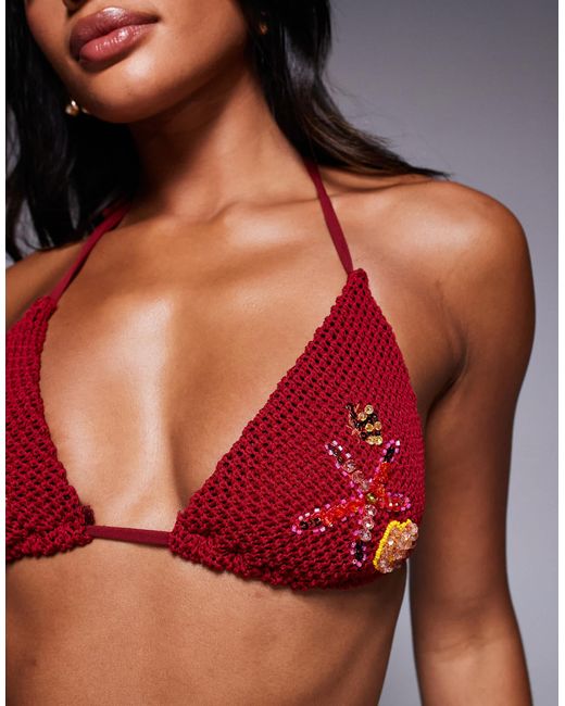 ASOS Brown Premium Hand Embellished Crochet Triangle Bikini Top