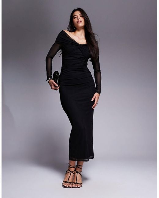 Aria Cove Blue Mesh Twist Front Bardot Long Sleeve Maxi Dress