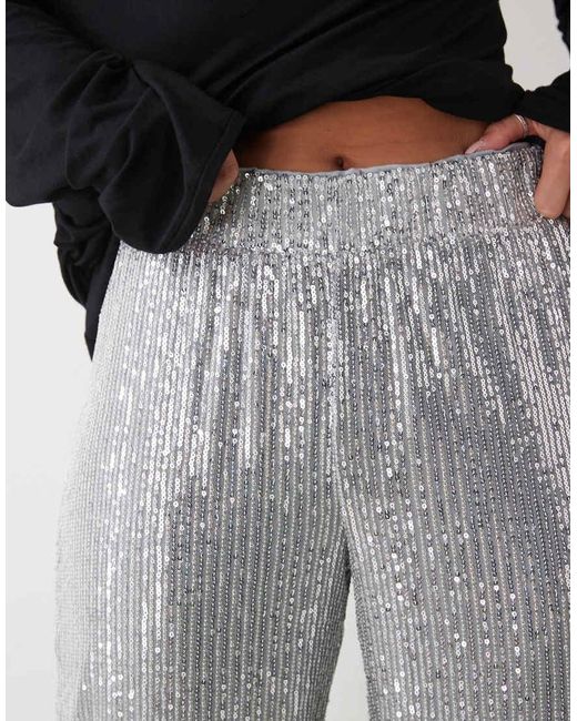 Noisy May Gray High Waist Pull On Sequin Trousers
