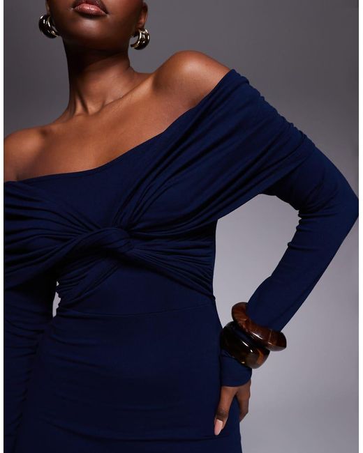 ASOS Blue Off Shoulder Twist Midi Dress With Long Sleeves