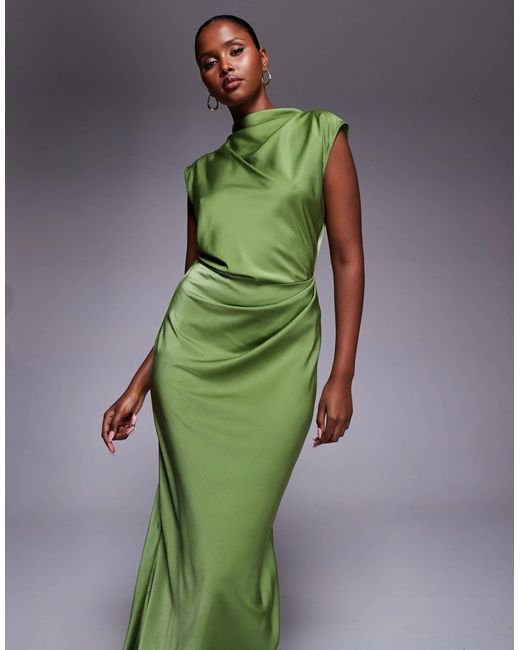 ASOS Green Satin High Neck Pleated Bodice Midi Dress
