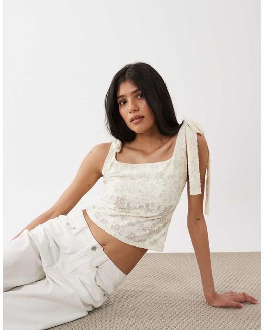 Miss Selfridge White Tie Shoulder Jacquard Top
