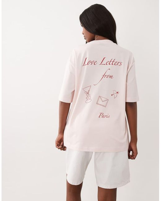 Gina Tricot Pink Short Sleeve Red 'love Letters From Paris' Printed Oversized Tee