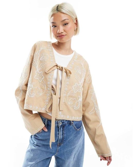 ASOS Natural Embroidered Bow Front Cropped Jacket