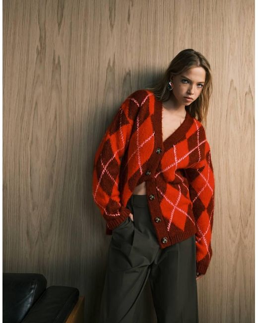 ASOS Red Argyle Brushed Boyfriend Cardigan