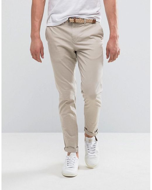 Pull&Bear Slim Chinos With Belt In Stone in Natural for Men | Lyst Canada
