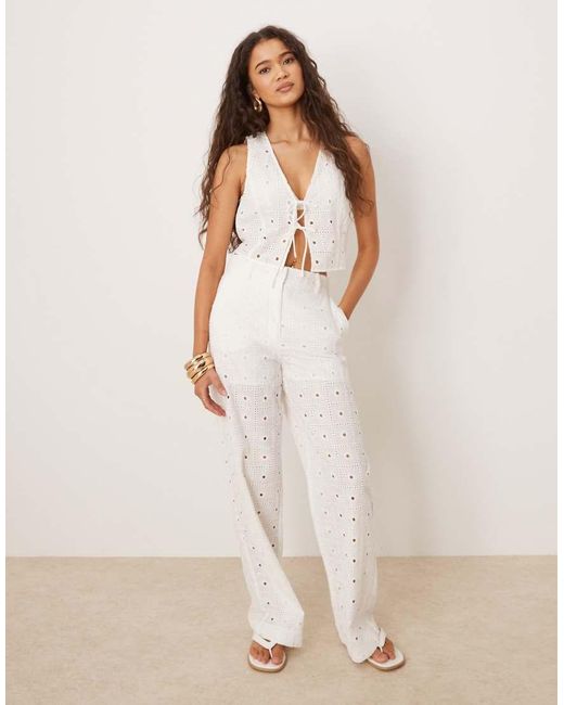 Mango White Cotton Floral Broderie Tie Front Waistcoat Co-ord