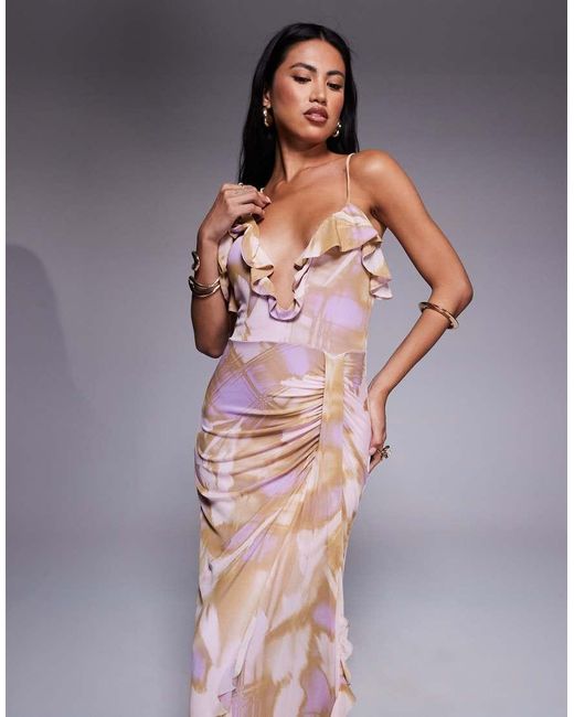 ASOS Multicolor Printed Mesh Ruffle Maxi Dress With Ruched Detail