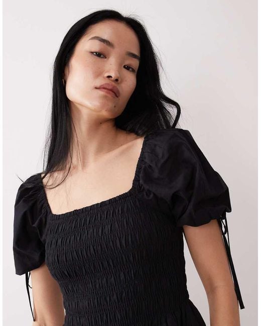 Wednesday's Girl Black Shirred Detail Midaxi Smock Dress