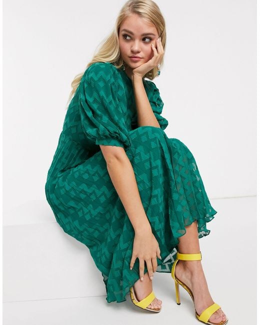 asos green chevron dress High Neck Pleated Dobby Midi With Puff Sleeve in Fluted sleeve