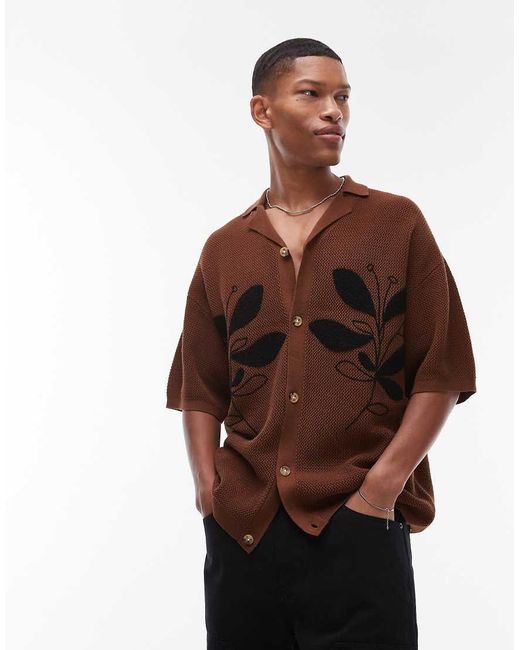 Topman Brown Relaxed Floral Applique Revere Knitted Shirt for men