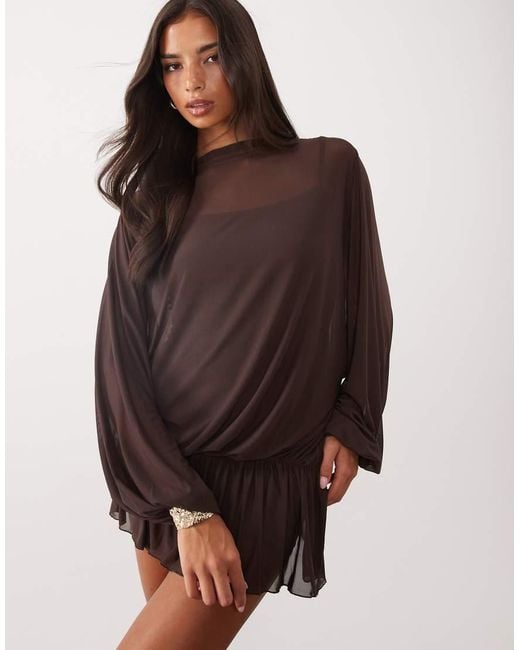 ASOS Brown Mesh Blouson Drape Mini Dress