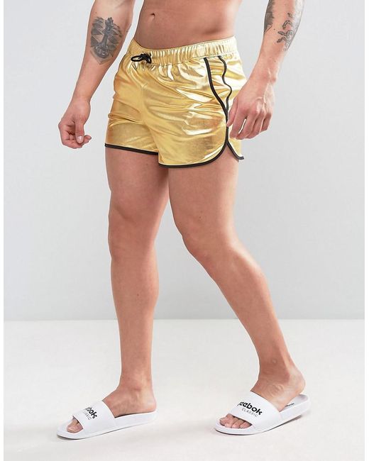 ASOS Runner Swim Shorts In Gold Metallic In Short Length for men