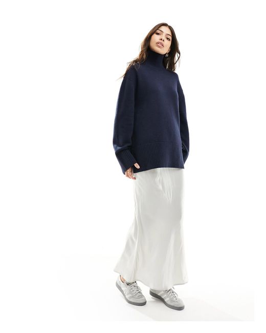 & Other Stories Blue Merino Wool And Cotton Blend High Neck Oversize Jumper