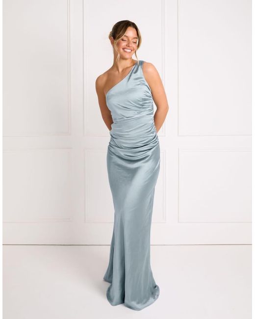 Six Stories Blue Bridesmaid Satin One Shoulder Bias Maxi Dress