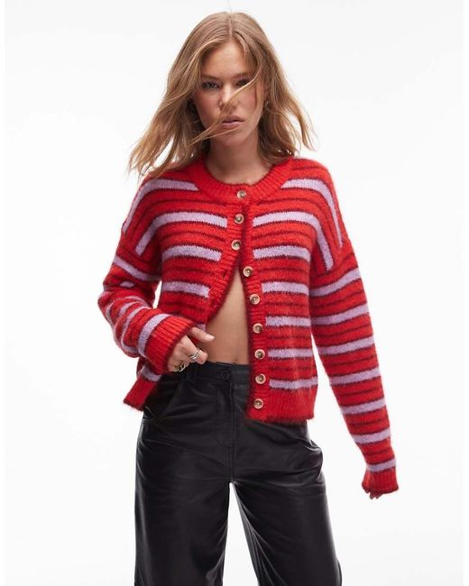 TOPSHOP Red Knitted Oversized Boxy Stripe Cardigan