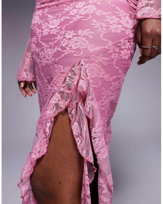 Love Triangle Pink Asymmetric Ruffle Lace Midi Skirt Co-ord