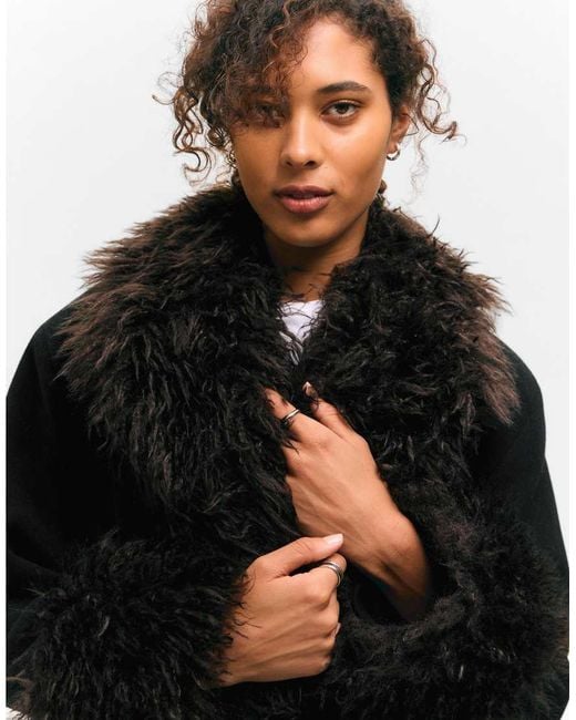 Monki Black Wool Blend Belted Maxi Coat With Fur Collar And Cuffs Detail