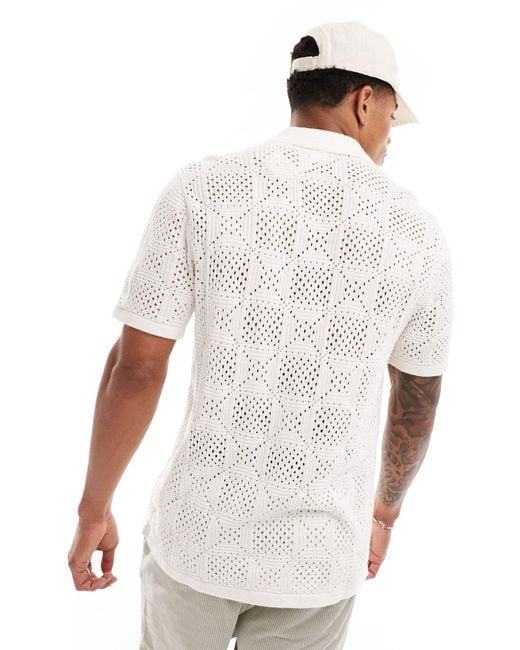 Hollister White Button Through Knitted Shirt With Lace Effect for men