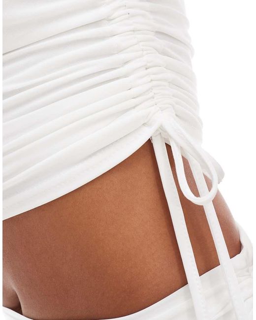 Kaiia White Exclusive Slinky Ruched Off Shoulder Drawstring Top Co-Ord