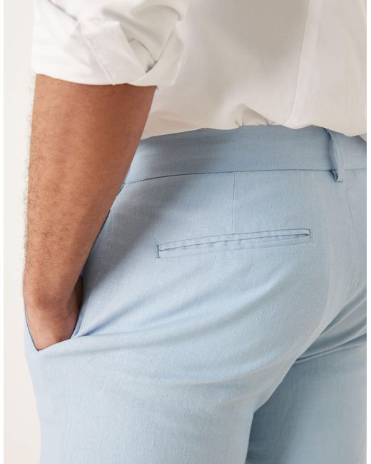 ASOS Blue Smart Slim Fit Linen Blend Trousers for men