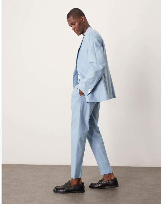 ASOS Blue Linen Blend Tapered Suit Chino Trousers for men
