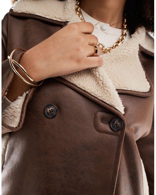 Stradivarius Brown Faux Leather Jacket With Borg Lining