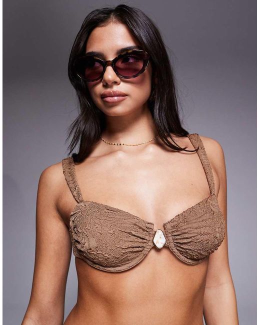 ASOS Brown Riley Resin Cape Cod Underwired Balcony Bikini Top With Ruched Cup