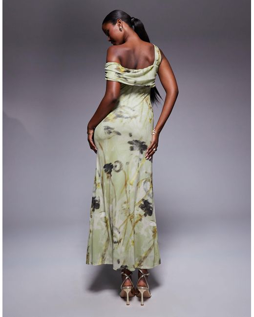 ASOS Multicolor – netzstoff-maxikleid mit grünem blumenprint und asymmetrischem bardot-ausschnitt mit einem camisole-träger