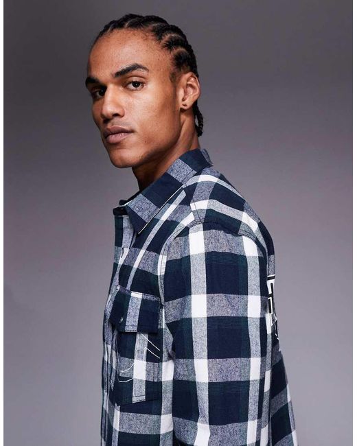 True Religion Blue Long Sleeve Plaid Logo Shirt With Back Print for men