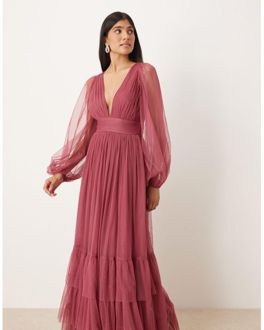 LACE & BEADS Bridesmaid Long Sleeve Maxi Dress in Red | Lyst