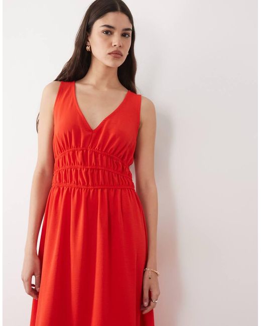 New Look Red V Neck Ruched Waist Midi Dress