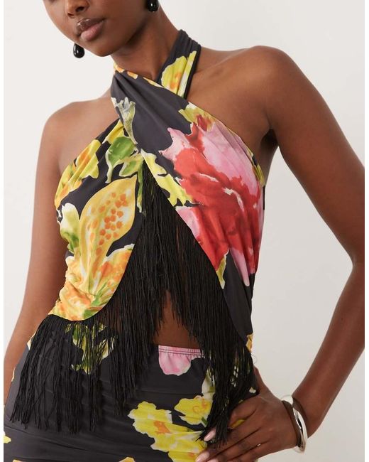 ASOS White Halter Fringed Print Floral Mini Dress