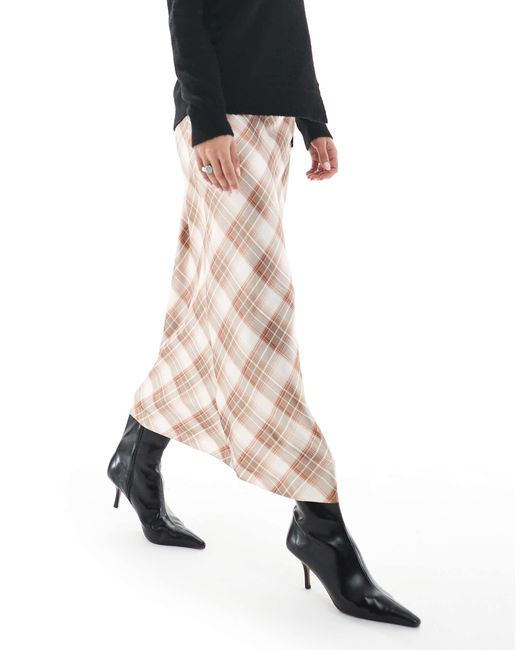 New Look Natural Check Satin Bias Midi Skirt