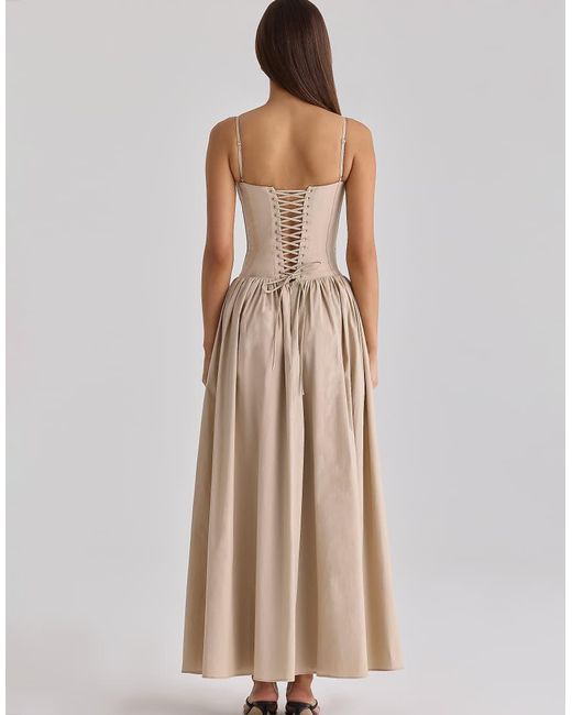 House Of Cb Natural Rona Taupe Cotton Corset Maxi Dress