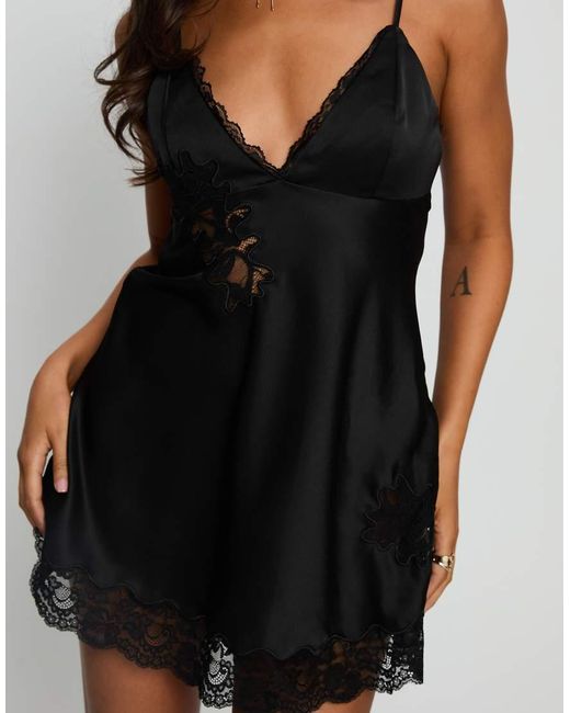 Princess Polly Black Aloura Satin Spliced Lace Detail Cami Mini Dress
