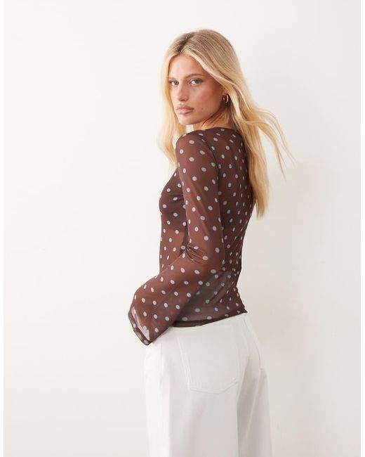 ASOS Brown Sheer Mesh Flare Long Sleeve Top