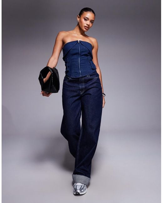 Liquor N Poker Blue Utility Denim Bandeau Crop Top With Zip Through