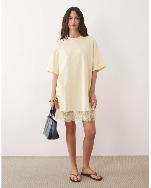 ASOS Natural Oversized Mini Dress With Lace Hem Trim