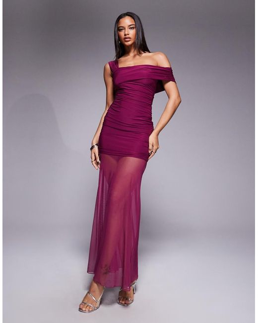 Kaiia Purple Exclusive Double Layered Slinky Asymmetric One Shoulder Sheer Hem Maxi Dress