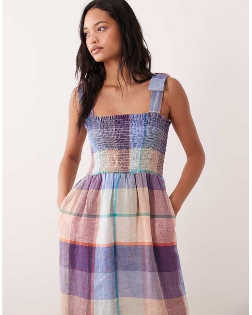 Barbour Pink Amelie Linen Shirred Tartan Frill Midi Dress